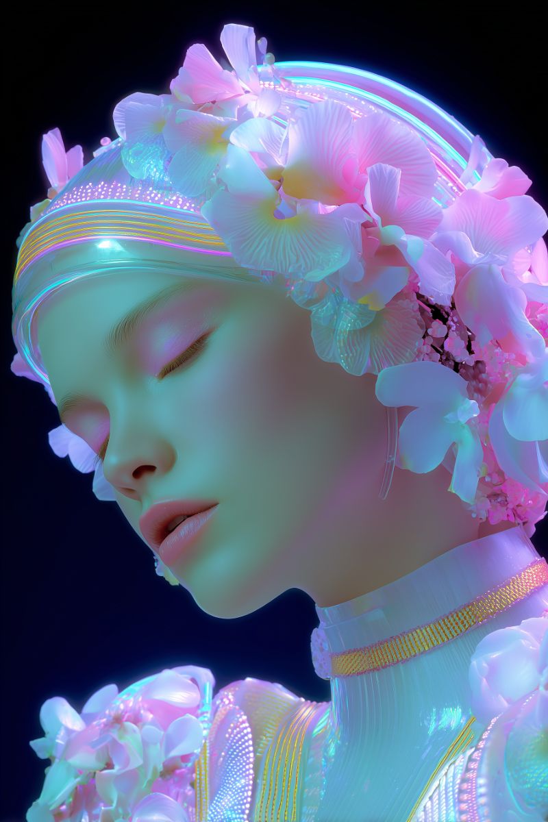 Cybernetic floral portrait with neon iridescence