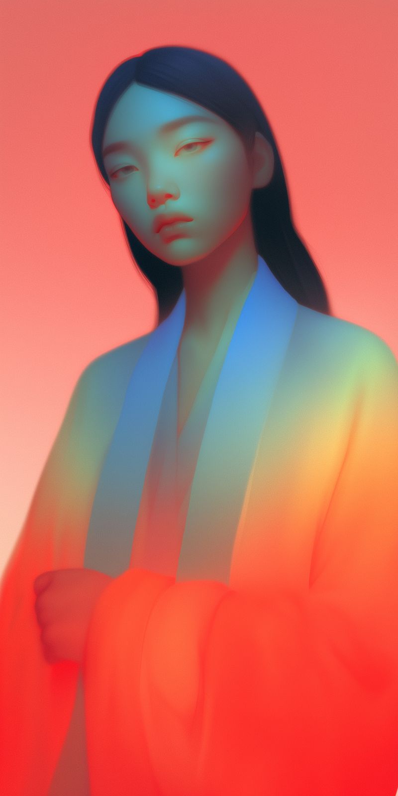 Surreal Neon Gradient Portrait of Woman in Robe