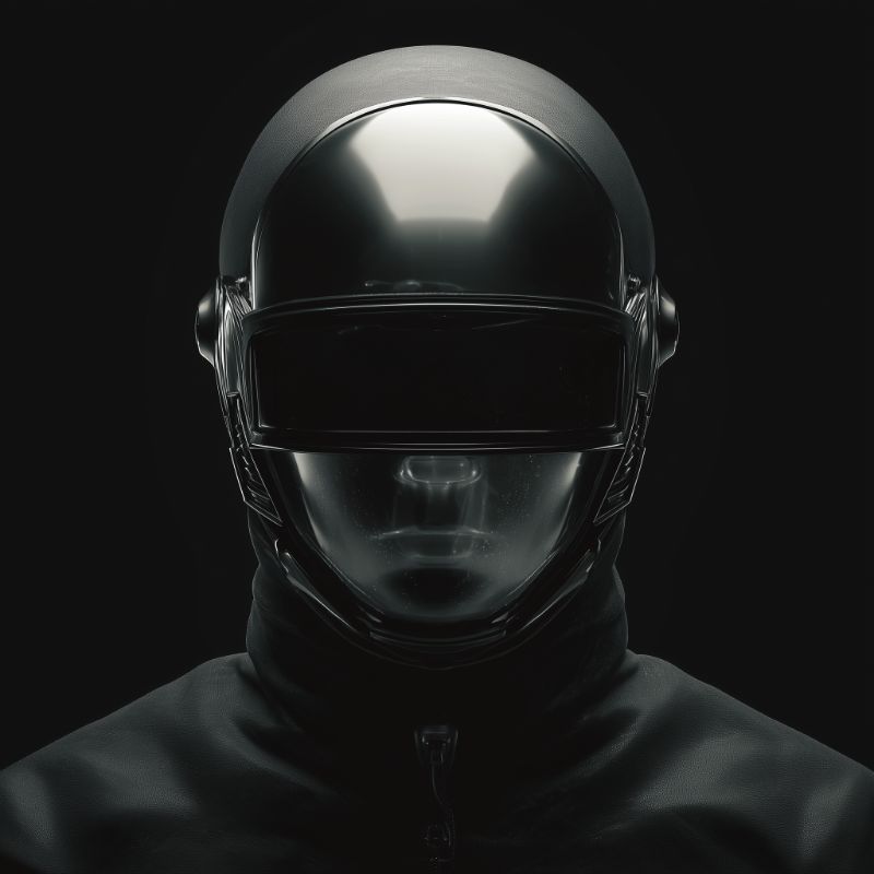 Futuristic Black Helmet Portrait on Dark Background