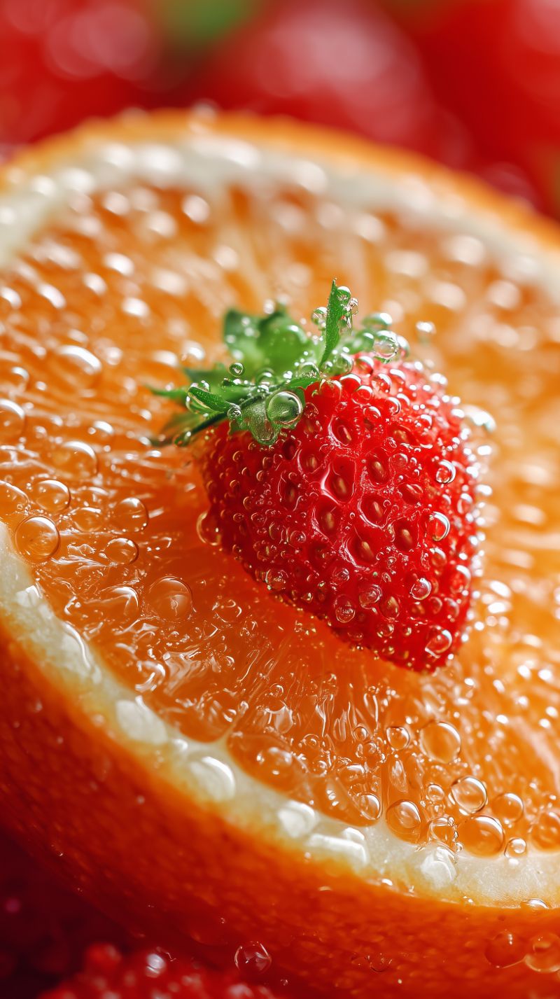 Macro strawberry on orange slice with droplets