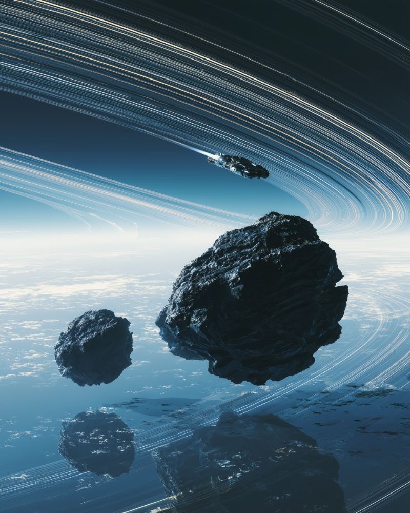 Spaceship Skims Planetary Rings Amid Asteroids