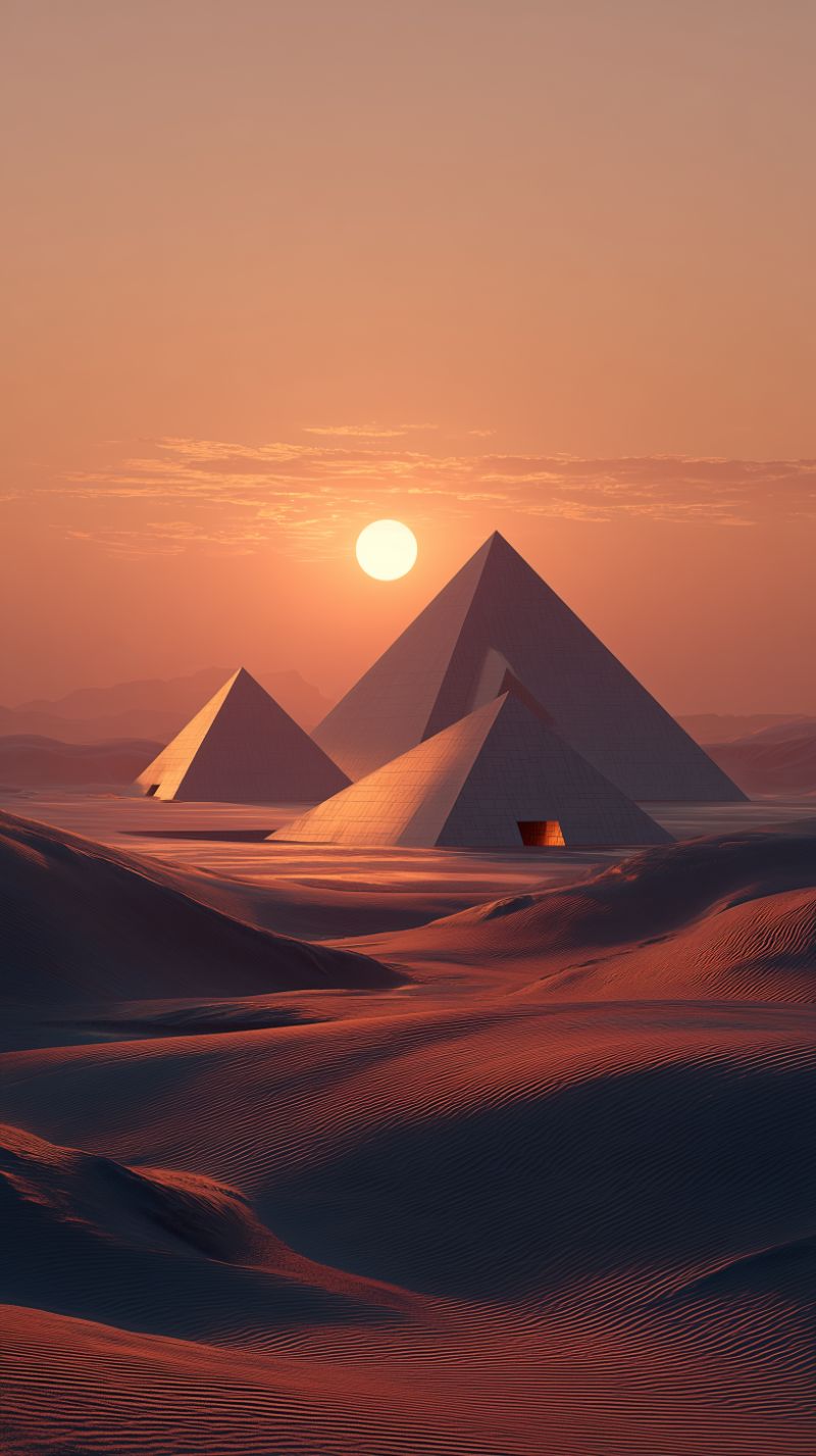 Sunset over Futuristic Desert Pyramids