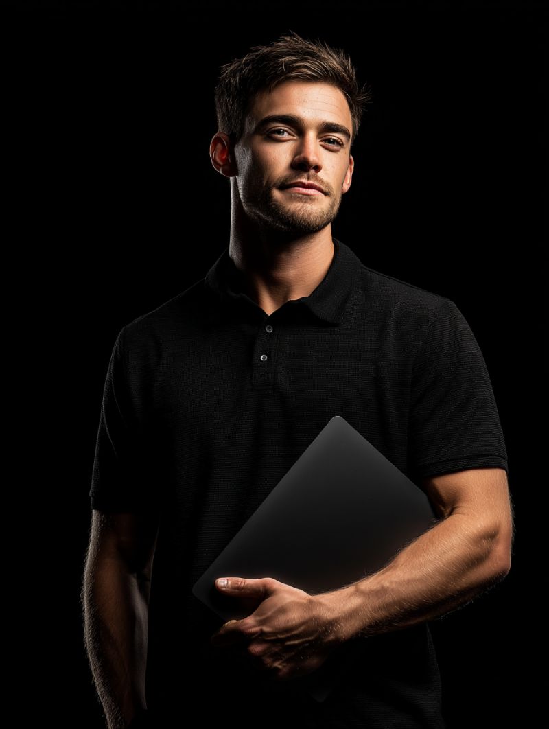 Young Man Holding Laptop in Dramatic Lighting