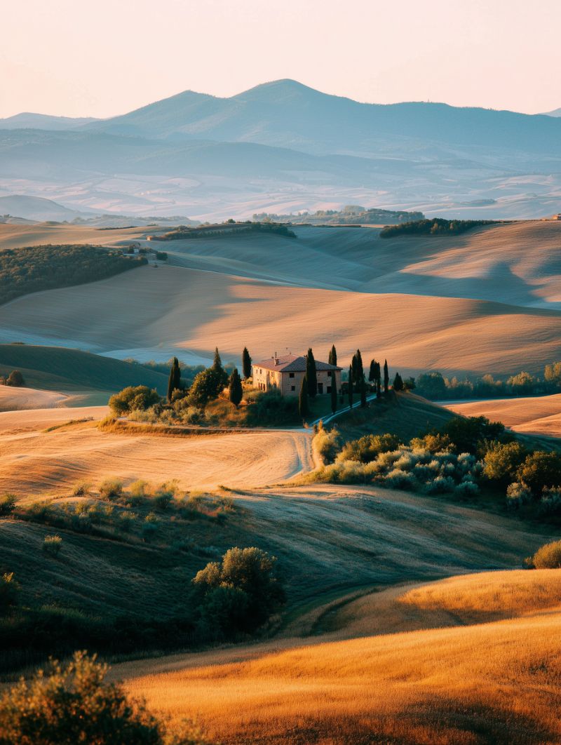 Tuscan villa amid rolling golden fields at sunrise