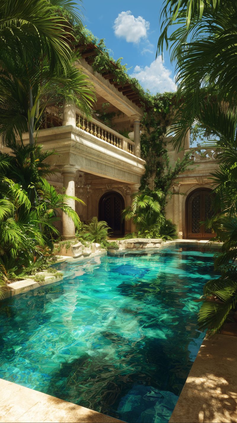 Tropical courtyard pool with lush palms