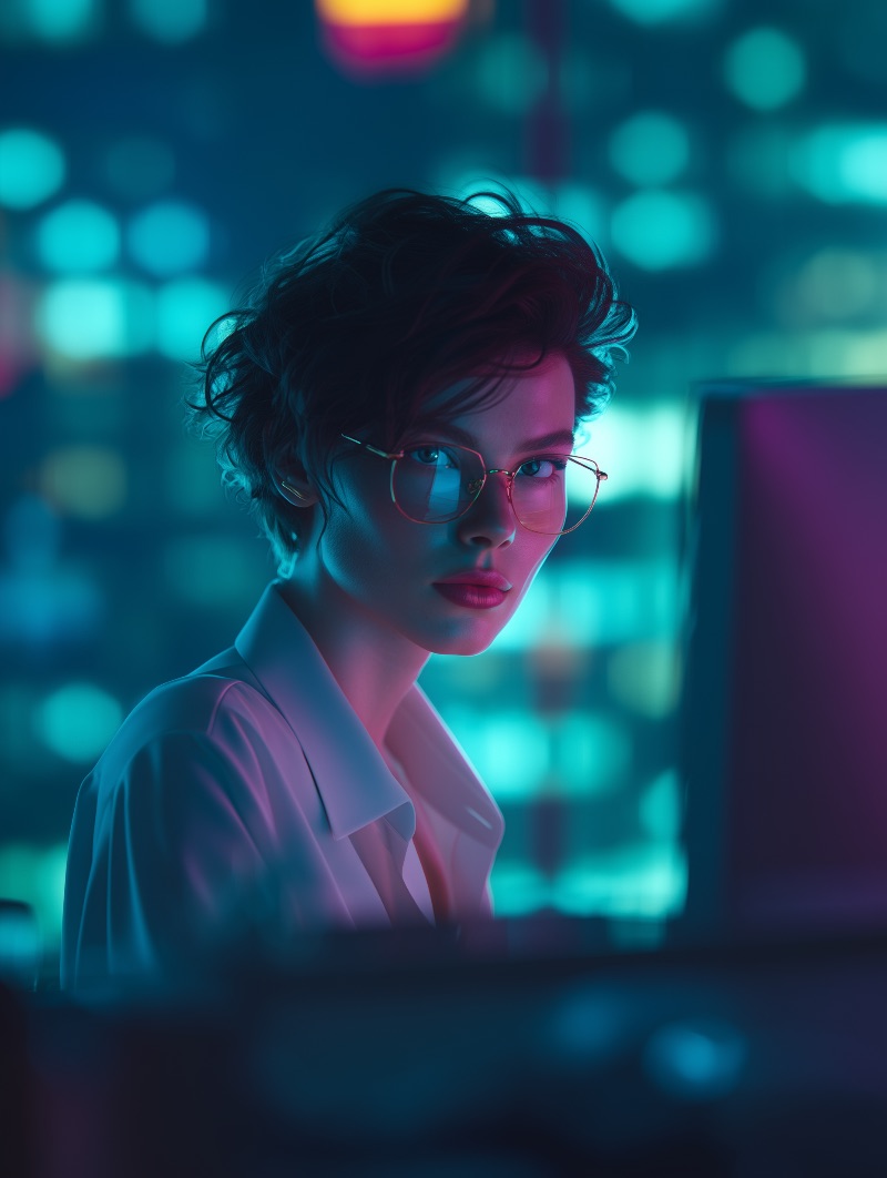 Neon-lit programmer at computer