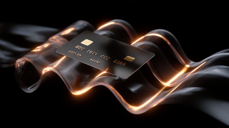 Luxury black credit card on glowing fluid wave