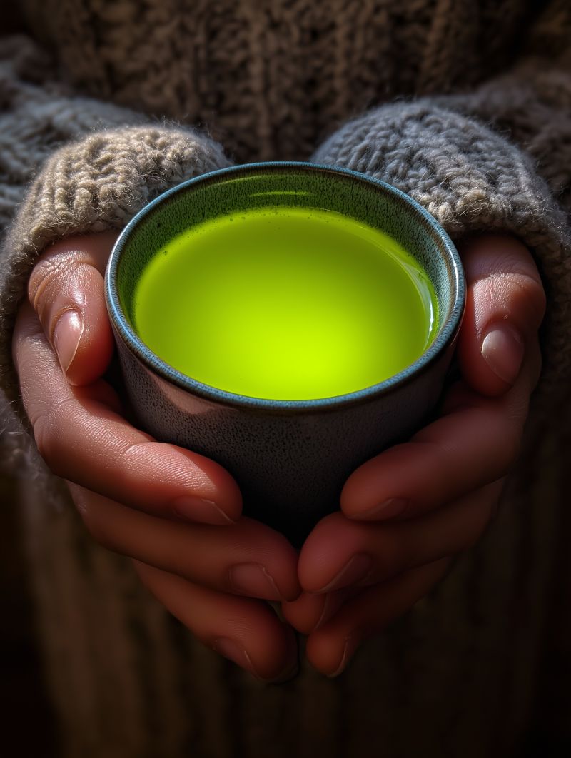 Hands Holding Cup of Bright Green Matcha