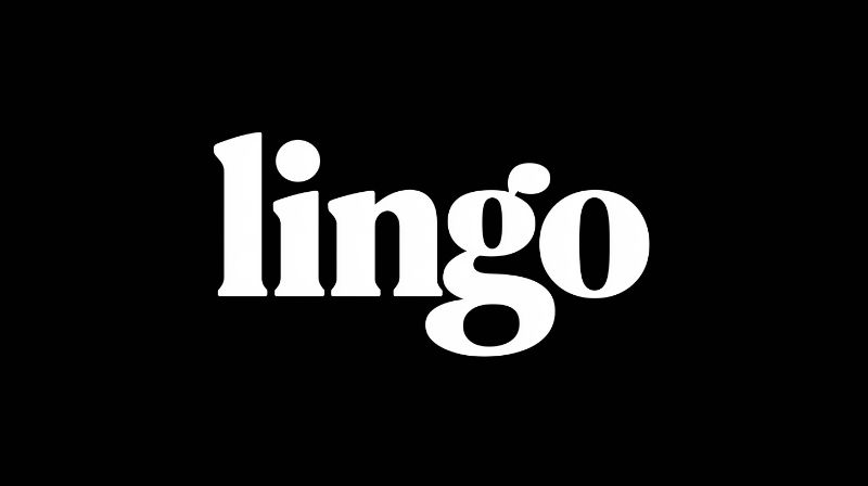Minimalist white “lingo” serif logo on black