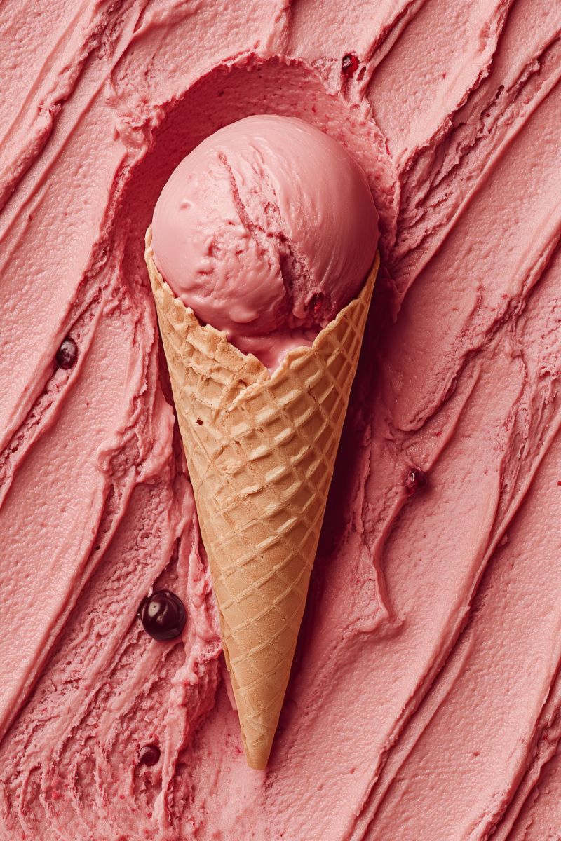 Close-up of pink berry ice cream cone