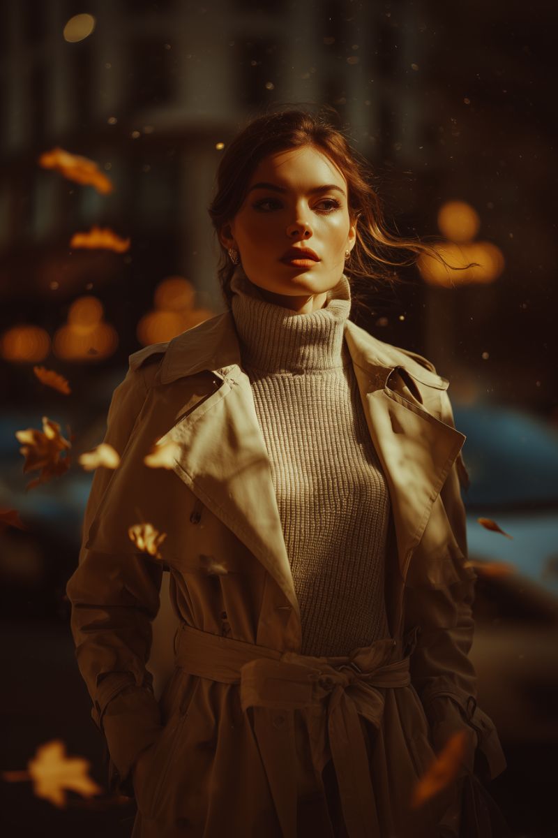 Stylish woman in trench coat amid autumn city lights