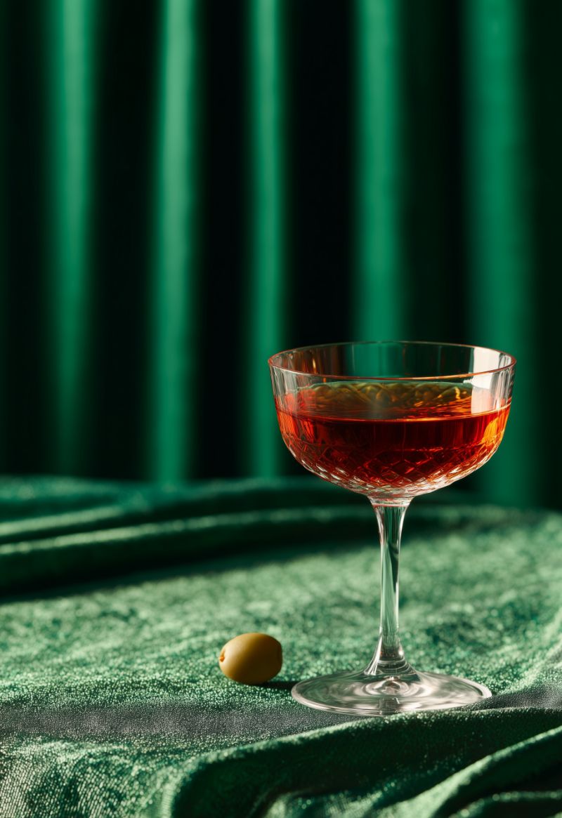 Crystal coupe with red cocktail on emerald velvet