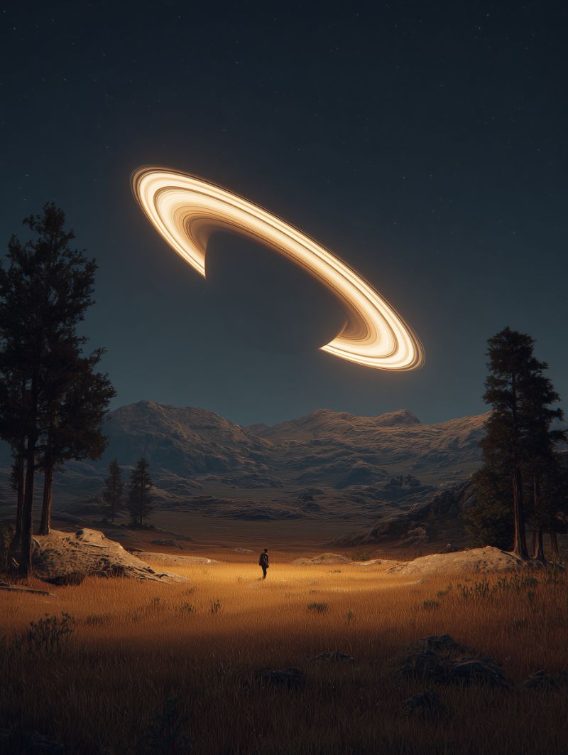Lone wanderer beneath glowing ringed planet