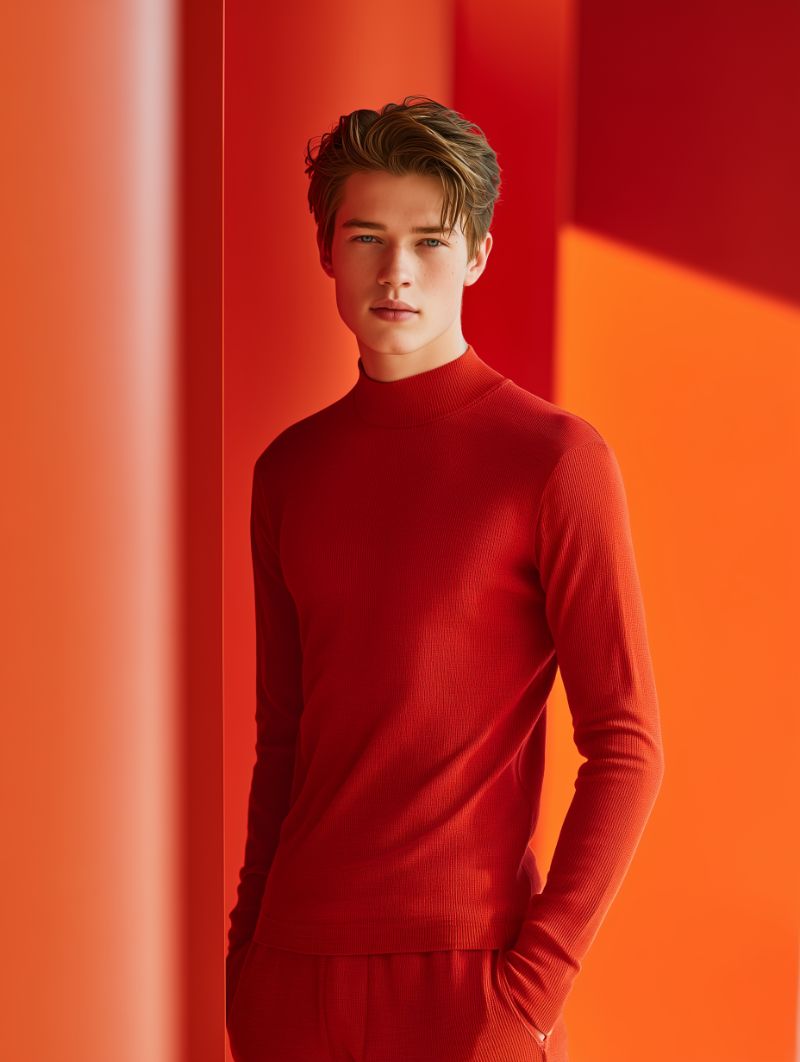 Stylish young man in red against bold orange backdrop