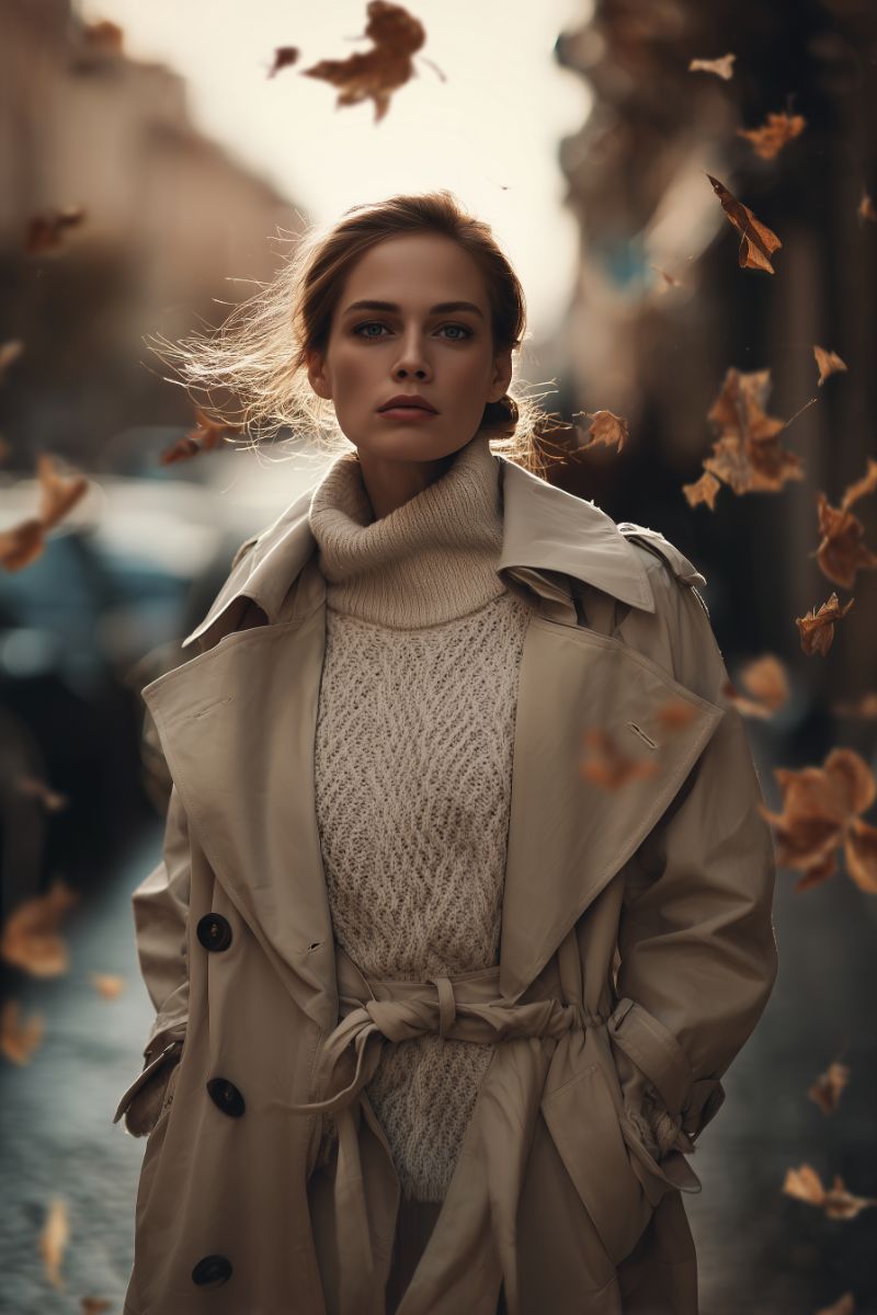 Stylish woman in beige trench coat on autumn street