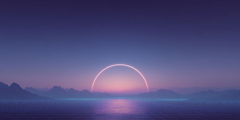 Neon Arc Sunset Over Retro Grid Mountains