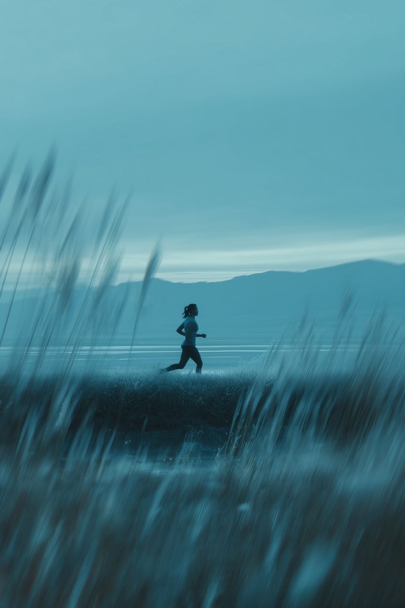 Silhouette runner on misty blue landscape