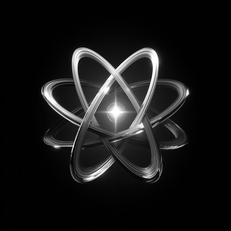 Futuristic Metallic Atom Symbol on Black