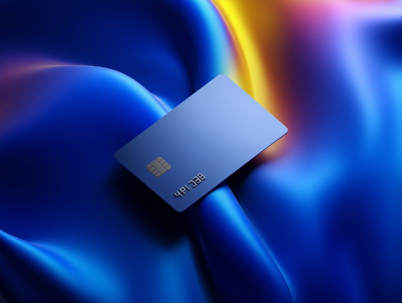 Blue credit card on vibrant gradient background
