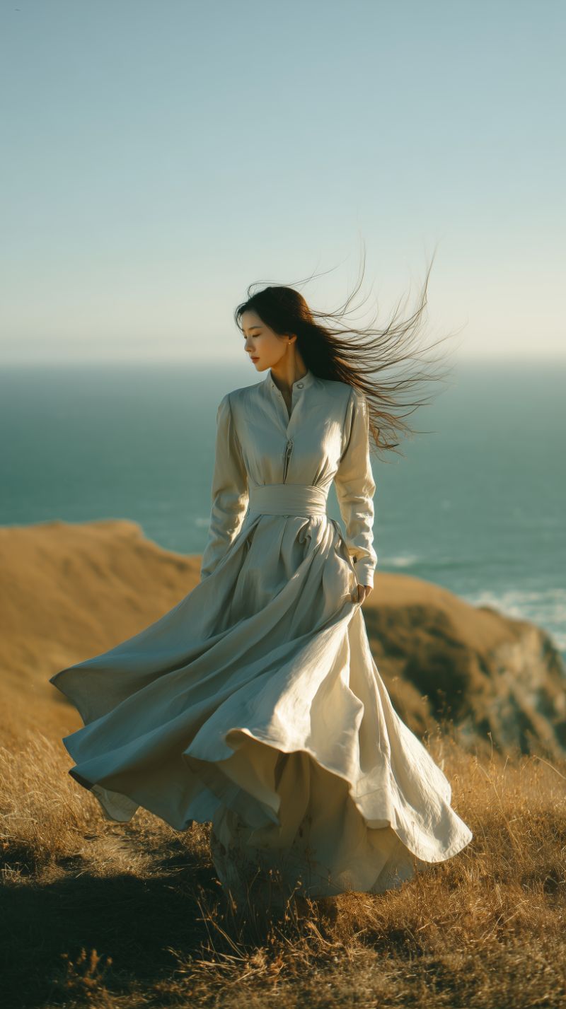 Woman in flowing dress on windy seaside cliff
