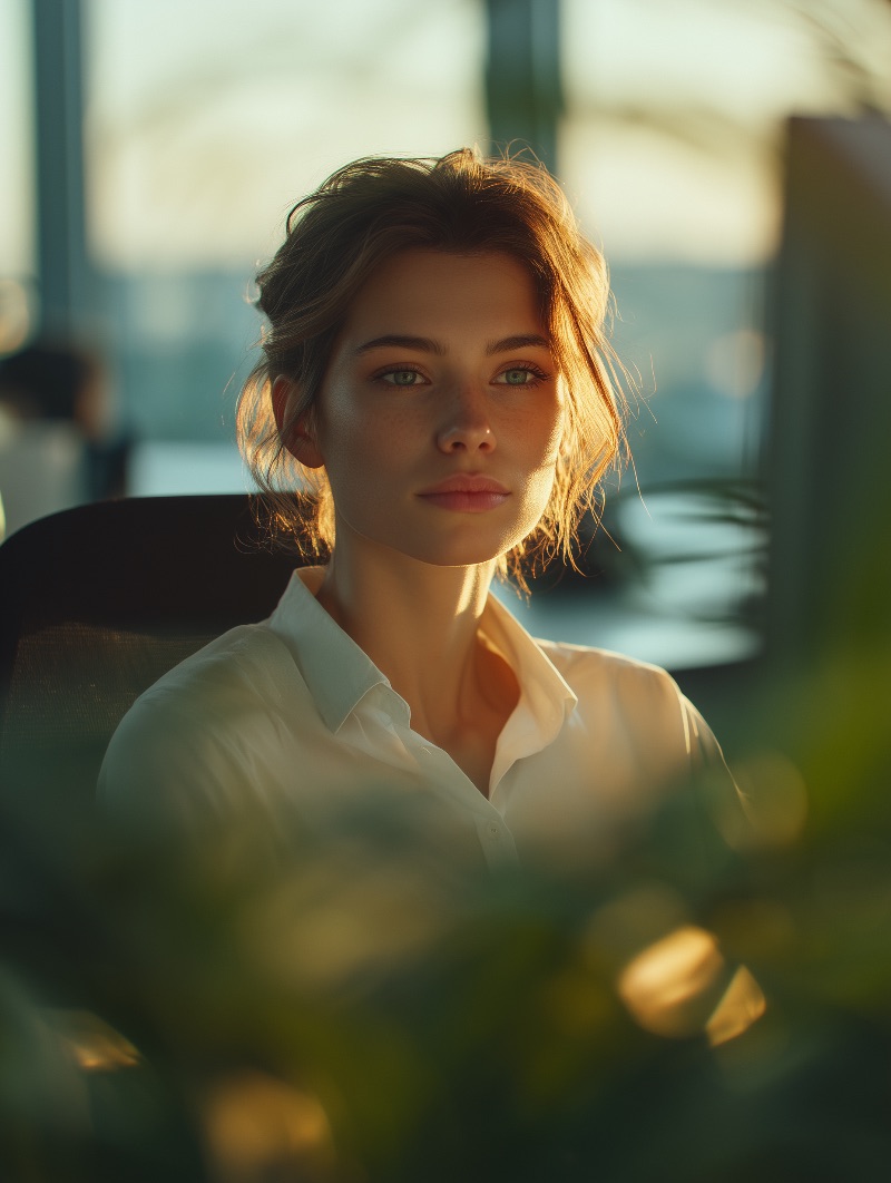 Young professional woman in warm office light
