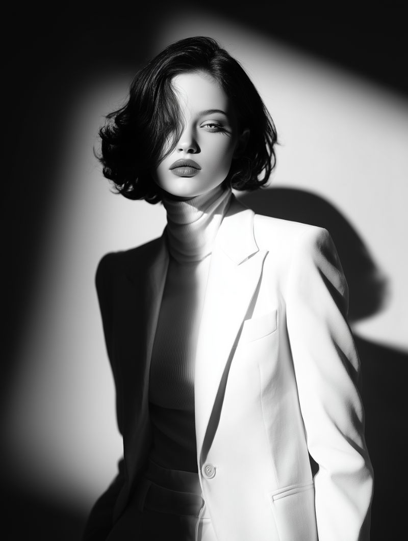 Monochrome Portrait of Woman in White Suit