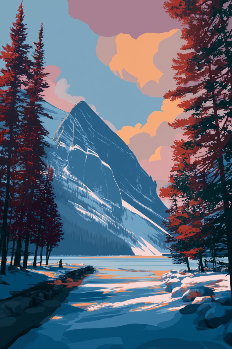 Stylized alpine lake and mountain at sunset
