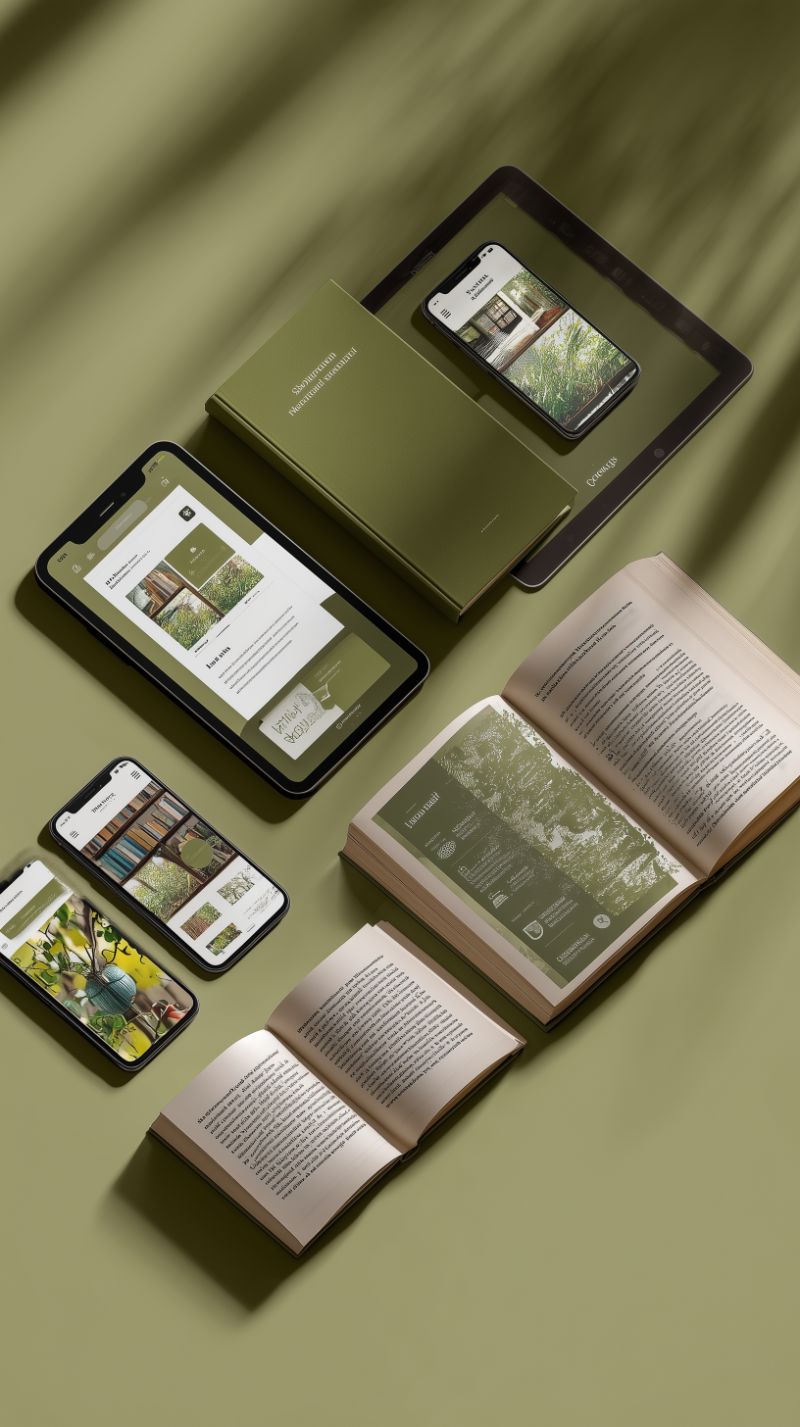 Olive green flat-lay of devices and open books