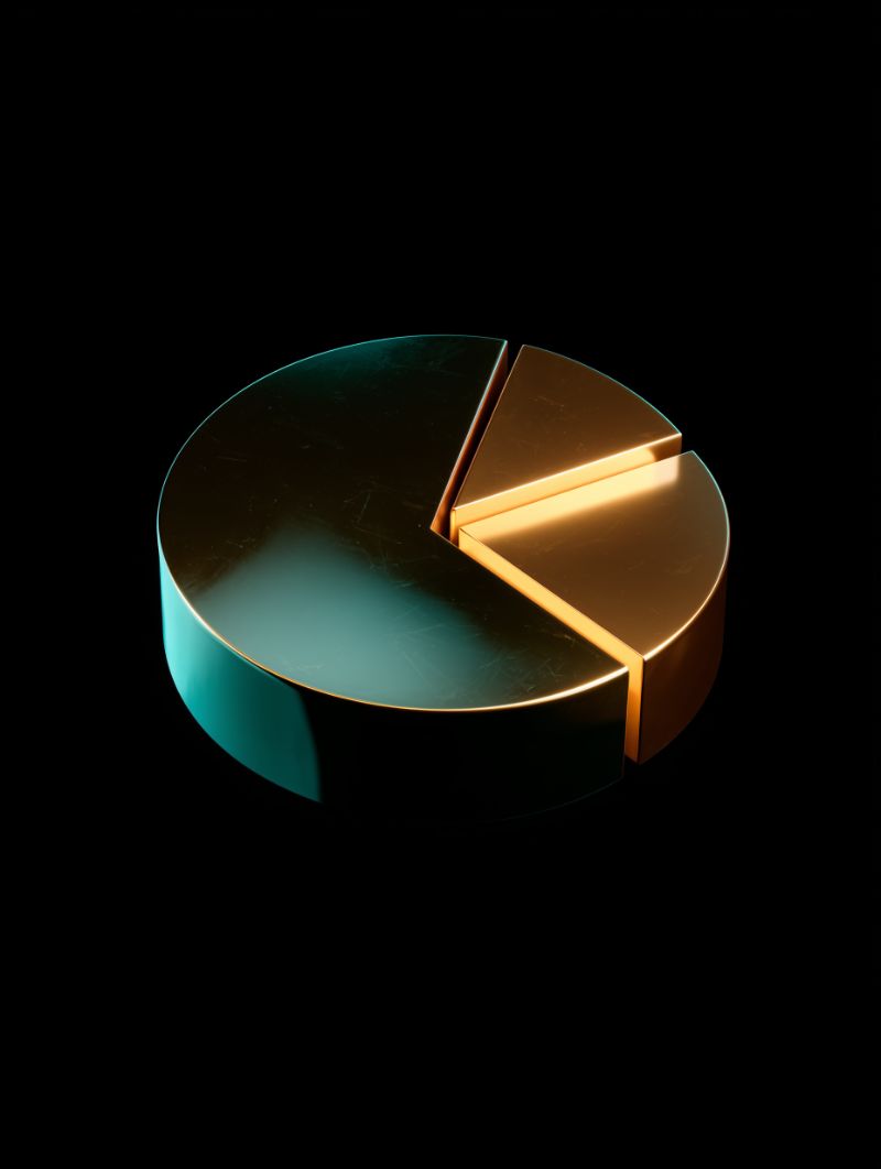 3D gold and teal pie chart on black