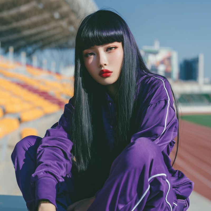 Portrait of woman in purple tracksuit at stadium
