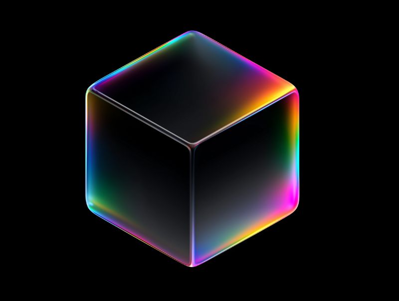 Iridescent Glass Cube on Black Background